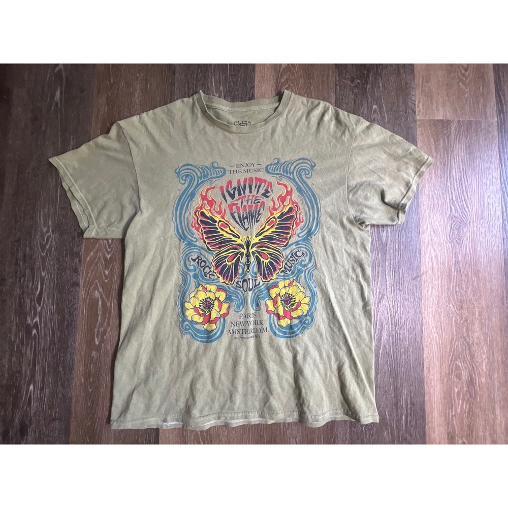 Call Your Mother Graphic Tee Mens L Green Butterfly Ignite The Flame Rock Soul
